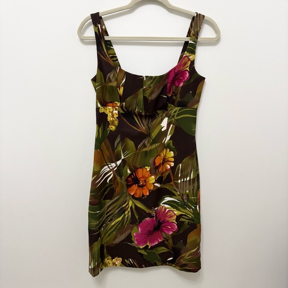 Vintage Dresses & Skirts - Vintage Y2K 90s Tropical Dress Empire Waist Square Neck Party Floral Hibiscus